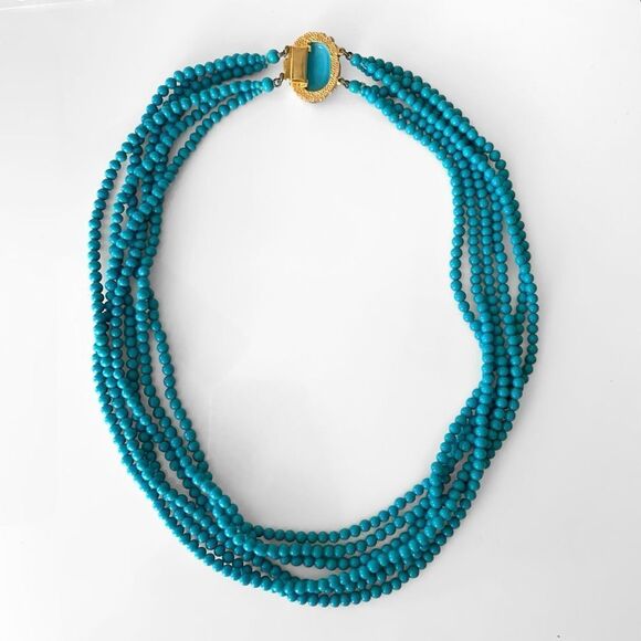 Vintage Glass Turquoise Muti Strand Carved Clasp Necklace - Picture 7 of 8